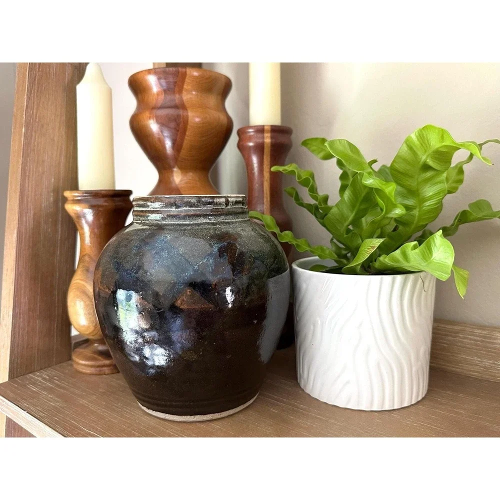 Artist Signed Handcrafted Vintage Studio Pottery Vase With Bronze and Blue Speck